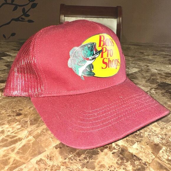 Bass Pro Shops Logo Mesh Net Trucker Hat Cap in Maroon Red - Picture 4 of 7